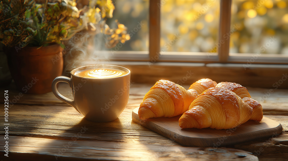 cozy morning with a steaming cup of coffee and golden croissants on a rustic wooden table, bathed in soft sunlight. Generative AI