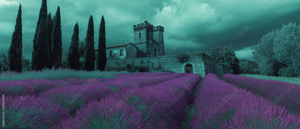 nostalgic view of a castle with lavender fields, captured in faded dark gray and emerald hues. Generative AI