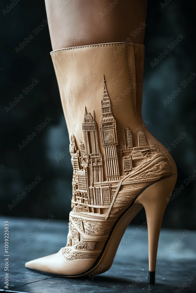 luxurious high-fashion stiletto boot with London skyline bas-relief design, captured in an elite photoshoot. Generative AI