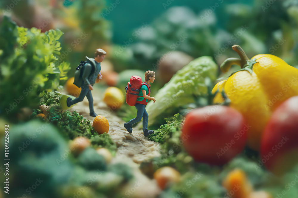 miniature explorers hiking through a vibrant retro vegetable paradise with oversized fruits. Generative AI