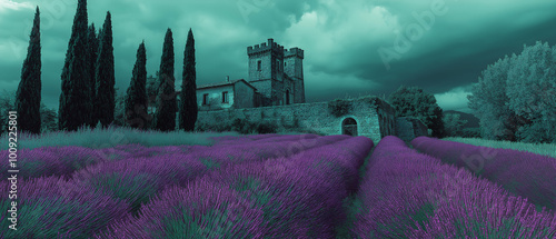 Obraz na płótnie nostalgic view of a castle with lavender fields, captured in faded dark gray and emerald hues. Generative AI w salonie