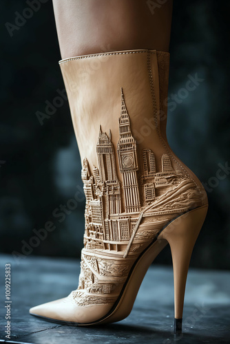 Obraz na płótnie luxurious high-fashion stiletto boot with London skyline bas-relief design, captured in an elite photoshoot. Generative AI w salonie