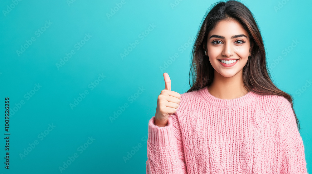 young indian woman showing thumbs up on blue background young indian woman showing thumbs up on blue background