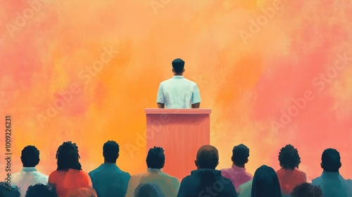 Speaker at a podium addressing a multicultural audience. African American orator delivering a lecture. Concept of presentation, communication, seminar, and multiculturalism. Copy space