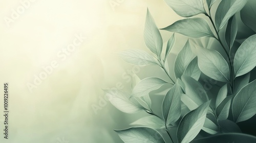 Delicate green leaves on the right side of a soft gradient background, creating a calm and natural composition with gentle lighting.