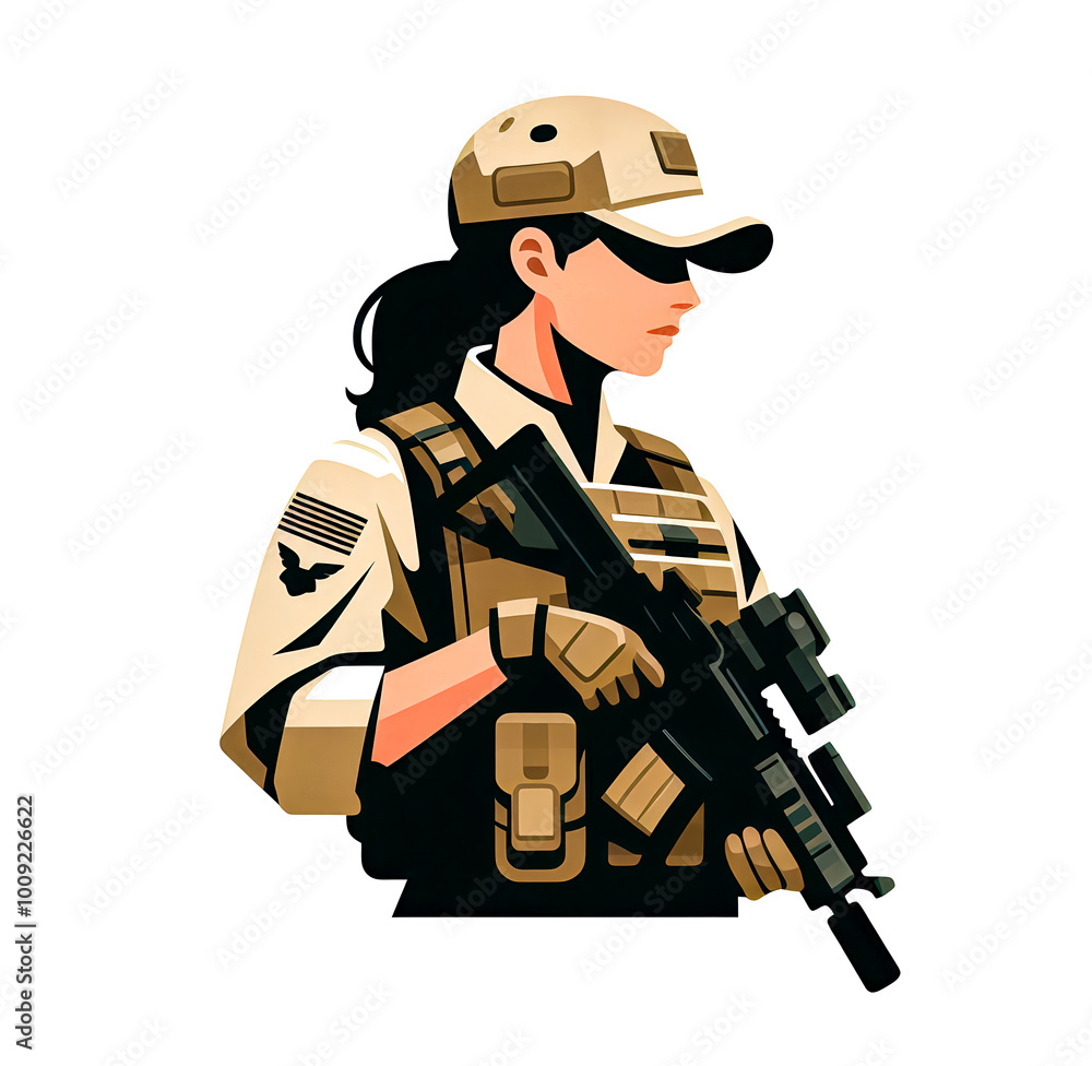 Isolated vector illustration of female special forces unit on white background, minimalist style. Isolated vector illustration of female special forces unit on white background, minimalist style.