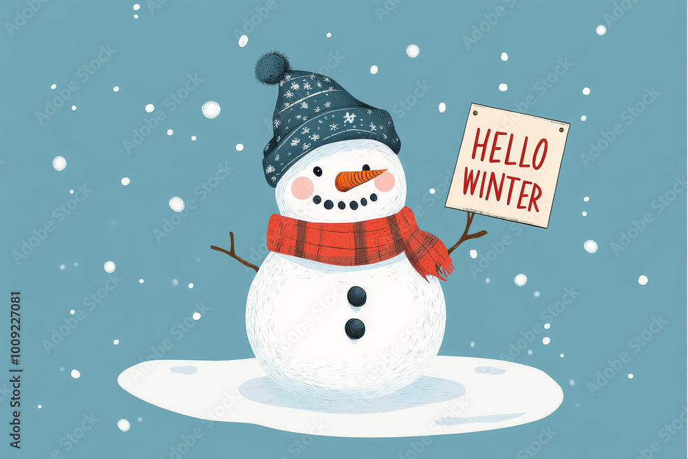Fototapeta premium Cute snowman wearing a hat and scarf, holding a 