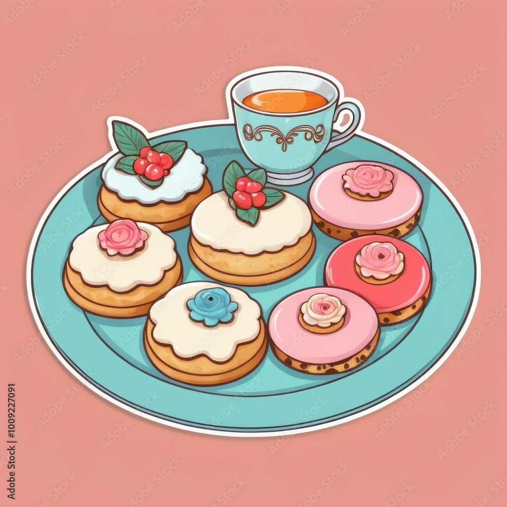 A delightful collection of cookies and pastries decorated with strawberries, chocolate, and pink frosting, arranged on a fancy plate, perfect for a tea party or celebration A delightful collection of cookies and pastries decorated with strawberries, chocolate, and pink frosting, arranged on a fancy plate, perfect for a tea party or celebration