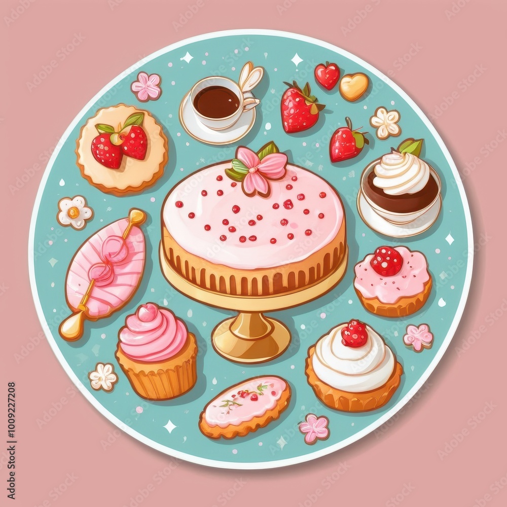 A beautiful platter of assorted pastries and cookies, topped with pink frosting, strawberries, and chocolate, offering a delightful selection of treats for a special occasion A beautiful platter of assorted pastries and cookies, topped with pink frosting, strawberries, and chocolate, offering a delightful selection of treats for a special occasion