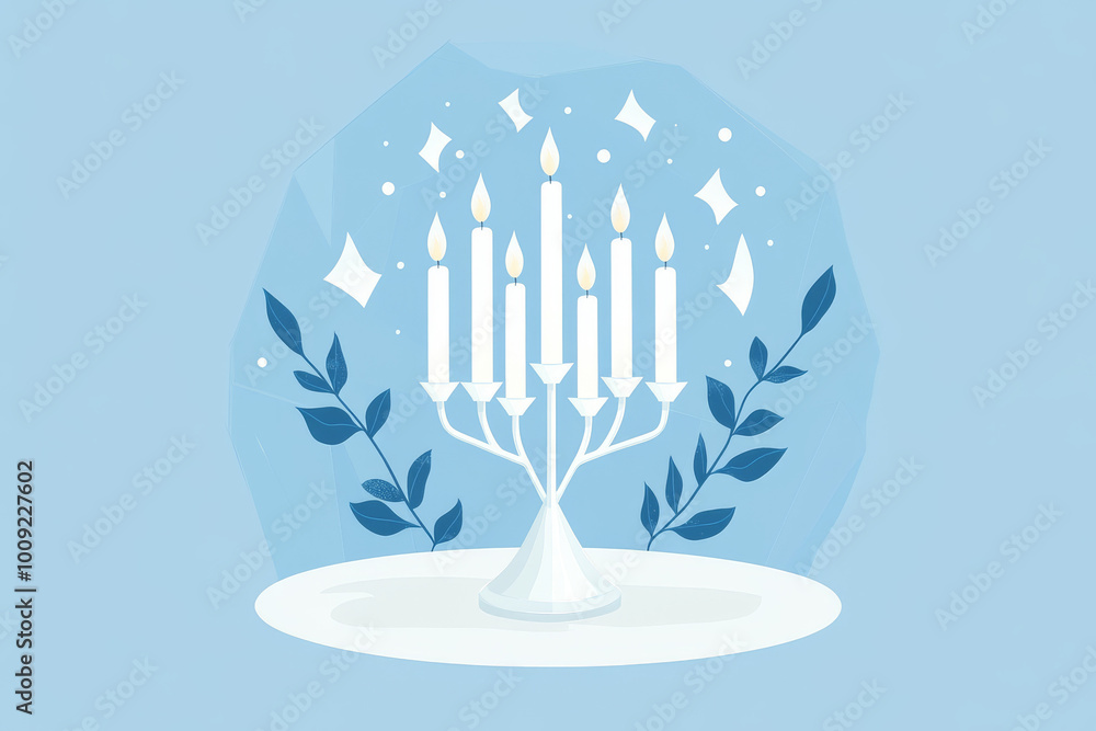 Minimalistic illustration of a menorah with lit candles, surrounded by decorative leaves and sparkling accents, set against a light blue background.
Minimalistic illustration of a menorah with lit candles, surrounded by decorative leaves and sparkling accents, set against a light blue background.