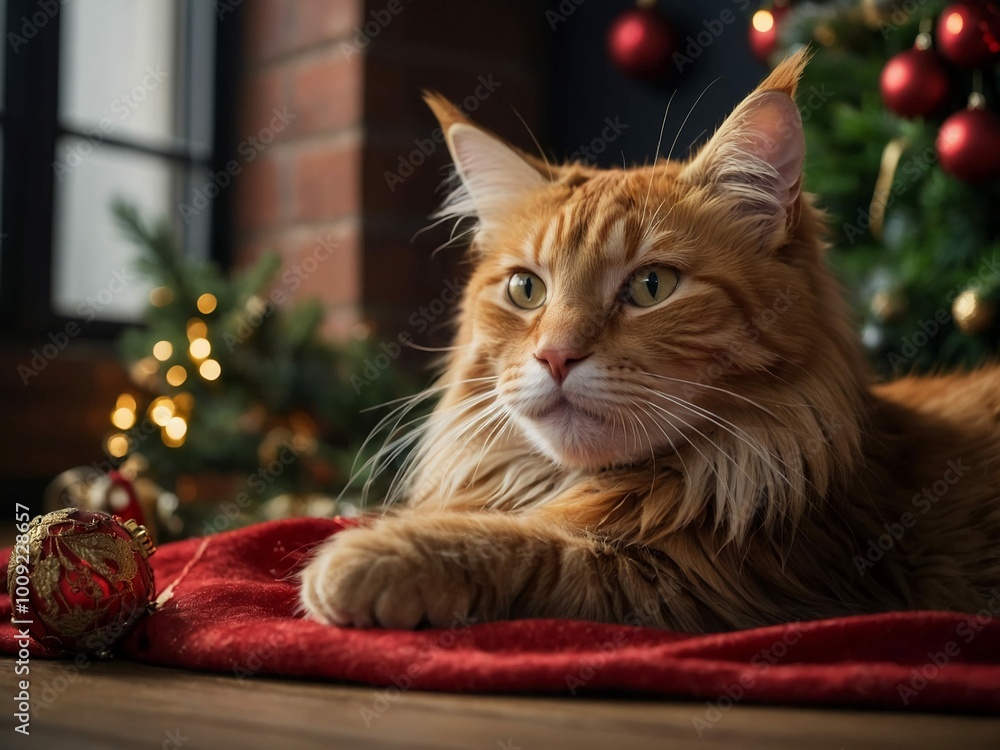 fluffy ginger Maine Coon cat in a Christmas suit postcard against the backdrop of a New Year tree congratulations on the holiday fluffy ginger Maine Coon cat in a Christmas suit postcard against the backdrop of a New Year tree congratulations on the holiday
