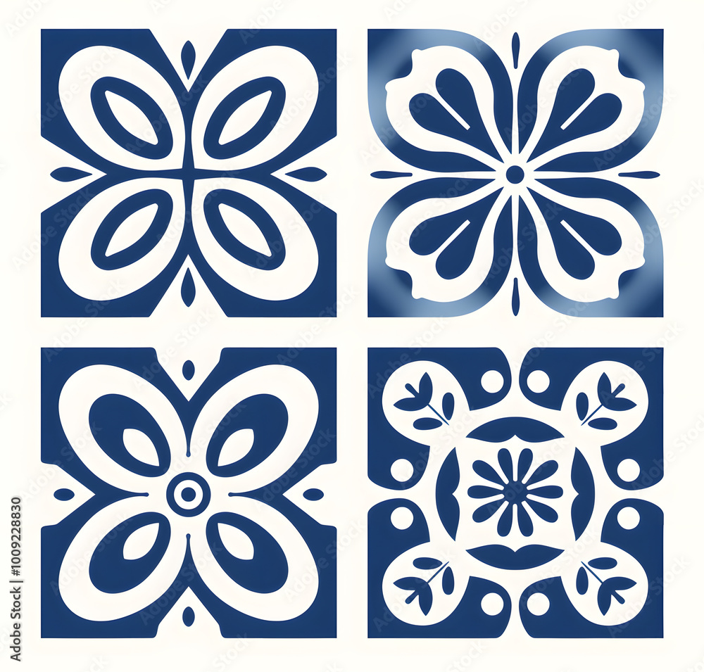 Blue floral tiles ornament. Traditional mosaic Portuguese azulejo motifs. Vintage Floor Tile geometric design with ornamental element Blue floral tiles ornament. Traditional mosaic Portuguese azulejo motifs. Vintage Floor Tile geometric design with ornamental element