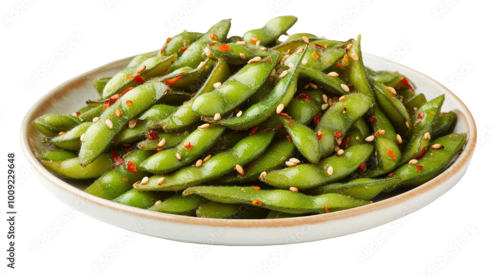A vibrant plate of spiced edamame garnished with sesame on a sunny table, on the transparent background. PNG Format A vibrant plate of spiced edamame garnished with sesame on a sunny table, on the transparent background. PNG Format