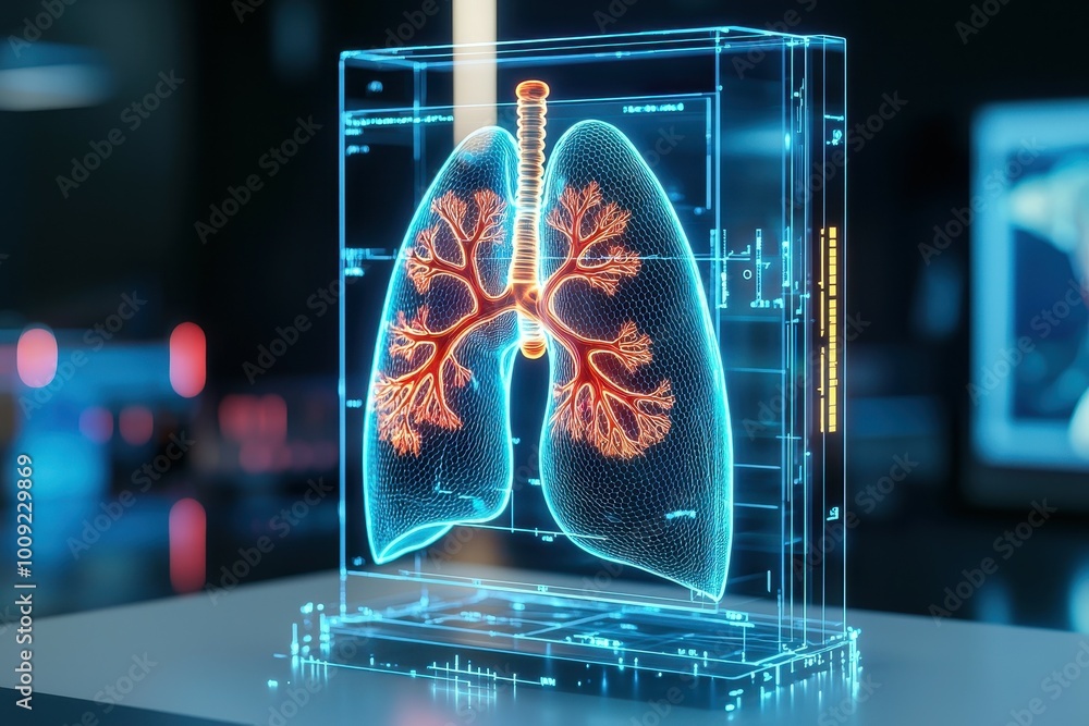 Obraz premium A 3D digital model of human lungs in a futuristic setting.