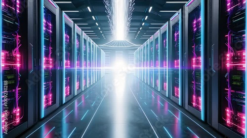 Futuristic Data Center with Neon Lights and High-Tech Servers photo