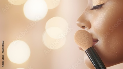 Radiant Beauty in Focus - Makeup Artist Applying Oil-Based Foundation for Flawless Complexion Under Studio Lights photo