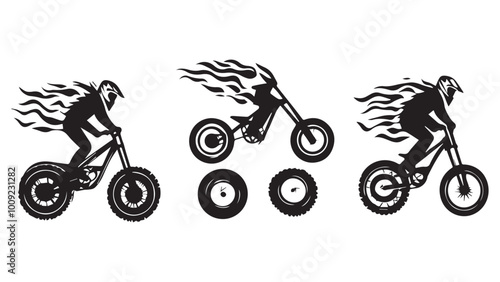 set of wheelie & bike, flame wheel silhouette, solid black clean vector, isolated white background
