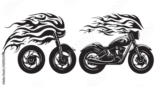 set of wheelie & bike, flame wheel silhouette, solid black clean vector, isolated white background
