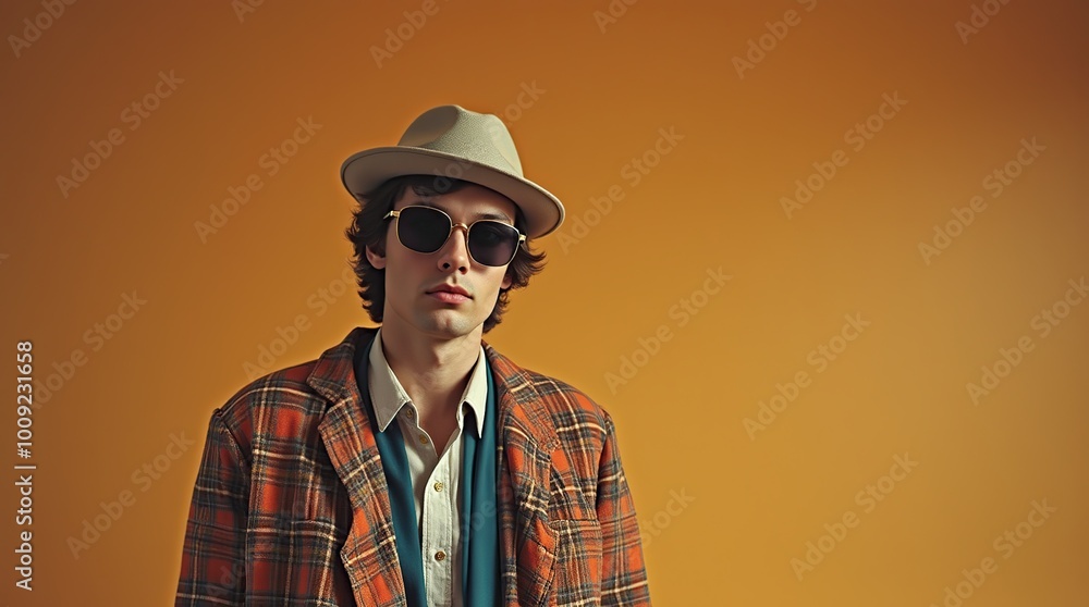 Retro 60s fashion portrait with sunglasses and plaid jacket Retro 60s fashion portrait with sunglasses and plaid jacket
