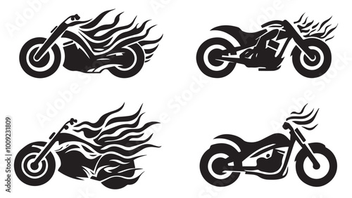set of wheelie & bike, flame wheel silhouette, solid black clean vector, isolated white background
