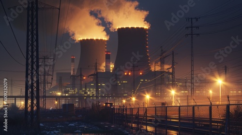 a nuclear power station at night, illuminated by industrial lighting