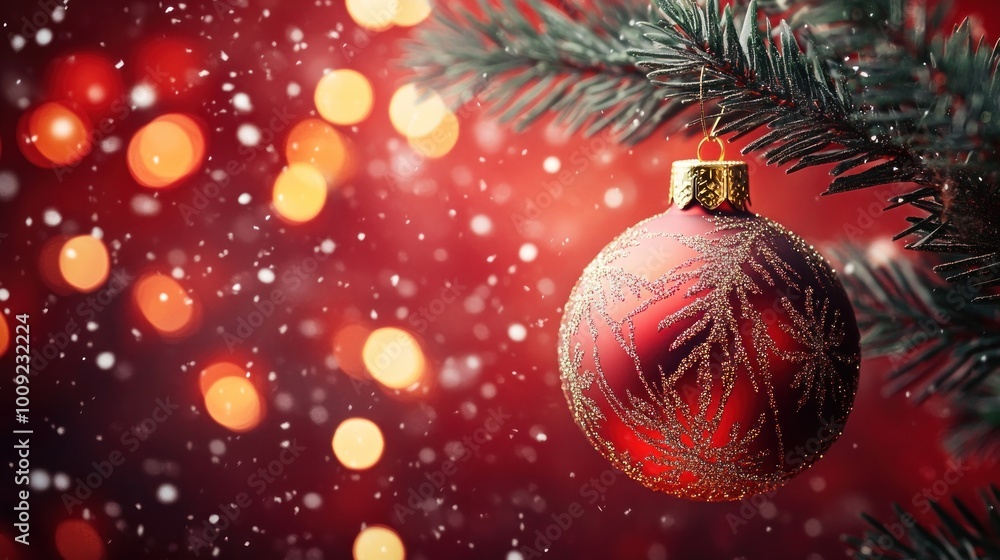A festive Christmas ornament hangs on a tree with a blurred red background and glowing lights. A festive Christmas ornament hangs on a tree with a blurred red background and glowing lights.