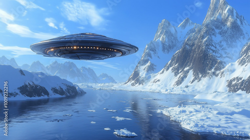 UFO Over Snowy Mountains and Frozen Lake