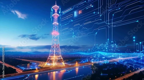 Illuminated cell tower with a futuristic cityscape and glowing lines in the background.