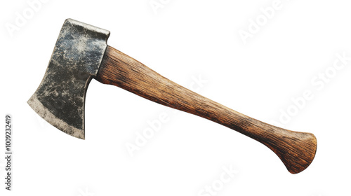 Rustic wooden-handled axe resting on a flat surface indoors during daylight, on the transparent background. PNG Format