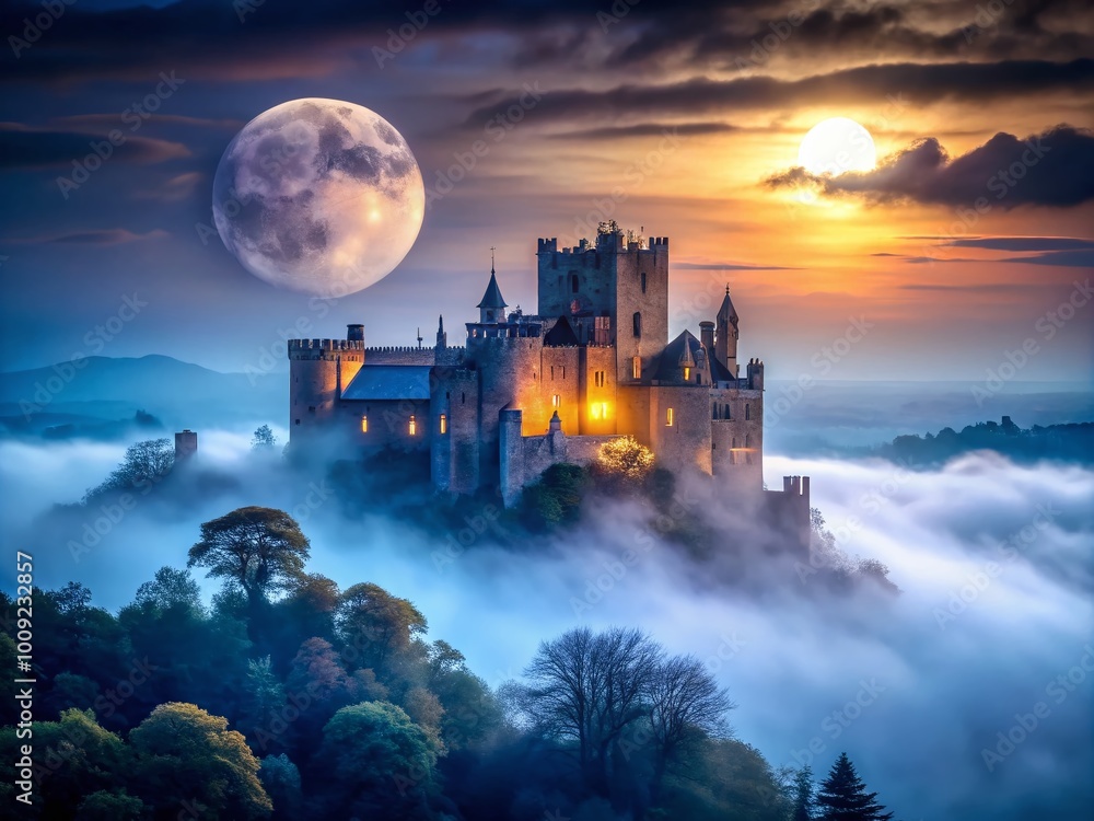 Eerie Castle Under a Full Moon Surrounded by Misty Fog Creating a Spooky Atmosphere at Night Eerie Castle Under a Full Moon Surrounded by Misty Fog Creating a Spooky Atmosphere at Night