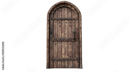 Mystical wooden door stands tall against a white wall inviting adventure and mystery, on the transparent background. PNG Format