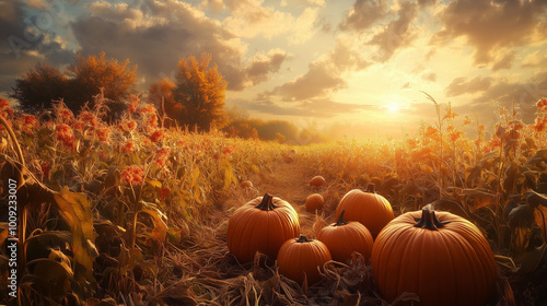 Autumn Sunset Over a Pumpkin Field, Vibrant Harvest Scene with Golden Light