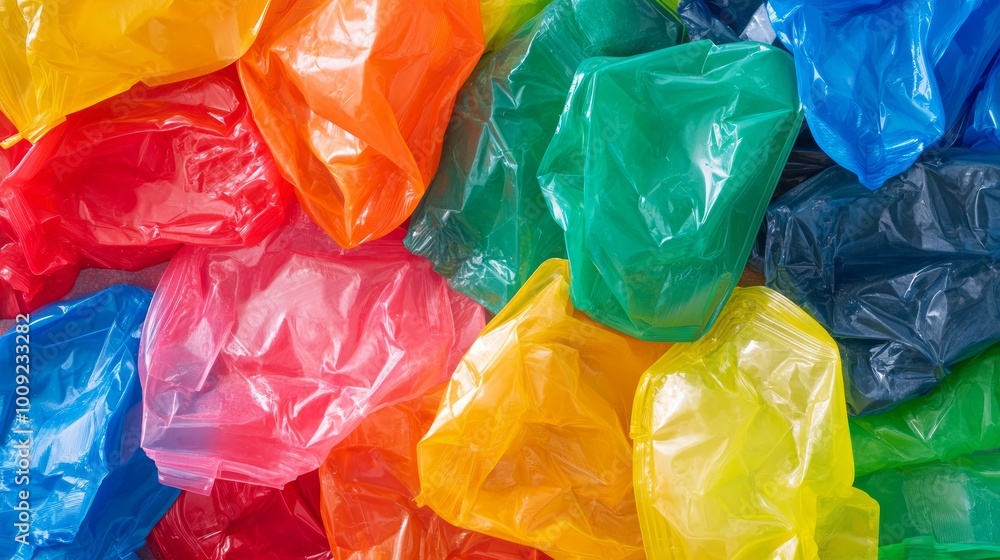 A close-up image of colorful plastic bags arranged in a random pattern on a white background. A close-up image of colorful plastic bags arranged in a random pattern on a white background.