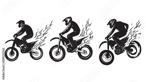 set of wheelie & bike, flame wheel silhouette, solid black clean vector, isolated white background
