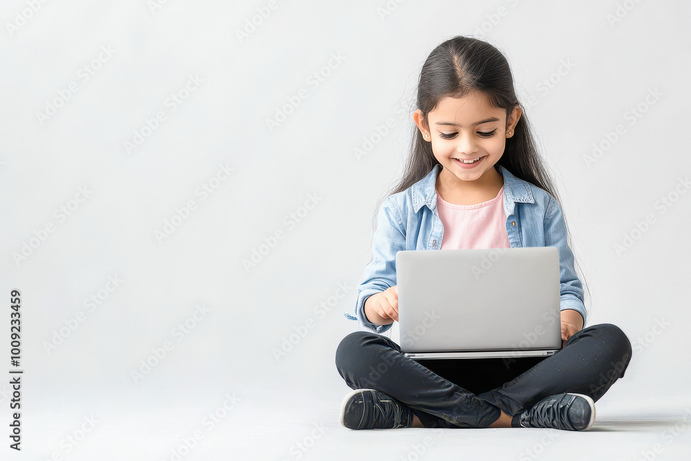 indian little girl using laptop o white background indian little girl using laptop o white background