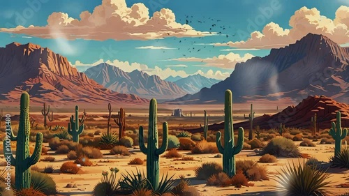 desert landscape with cactus and mountains. seamless looping 4k video background animation
