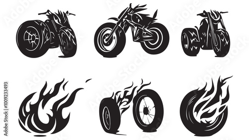 set of wheelie & bike, flame wheel silhouette, solid black clean vector, isolated white background

