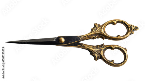 Elegant antique scissors resting on a clean white background under soft lighting, on the transparent background. PNG Format