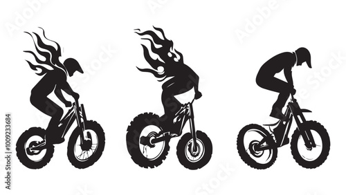 set of wheelie & bike, flame wheel silhouette, solid black clean vector, isolated white background
