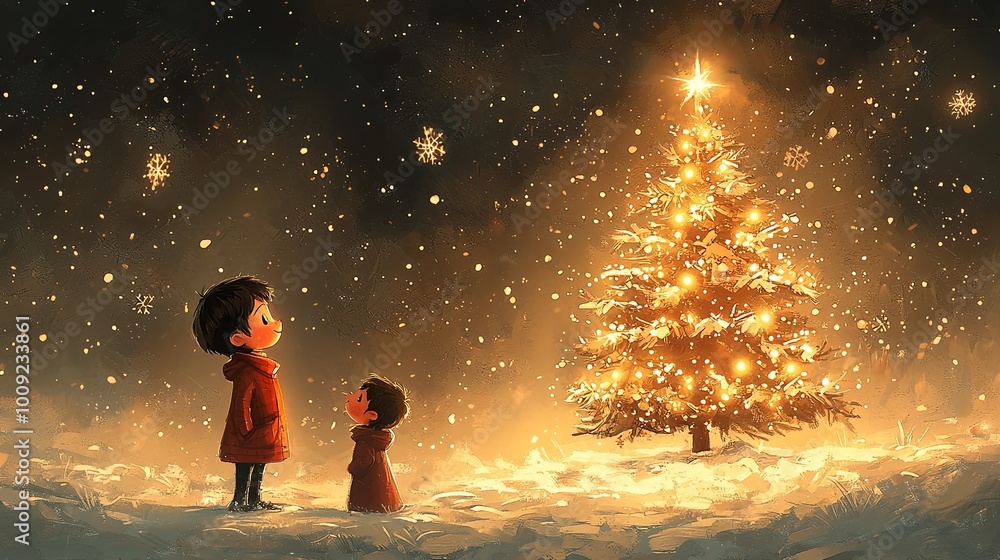 Enchanting Christmas Cartoon Scene with Children Enchanting Christmas Cartoon Scene with Children