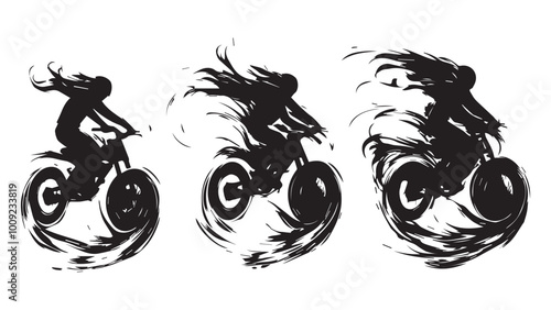 set of wheelie & bike, flame wheel silhouette, solid black clean vector, isolated white background
