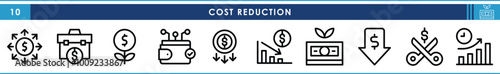 A set of line icons related to Cost reduction. Cost, cut, distribute, reduce, profit, invest, and so on. Vector editable stroke.