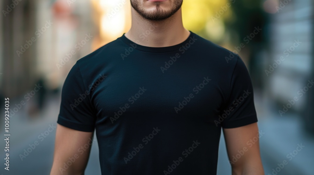 Close-Up of Young Man in Black T-Shirt on Blurred Street Background. T-Shirt Design Mockup Close-Up of Young Man in Black T-Shirt on Blurred Street Background. T-Shirt Design Mockup