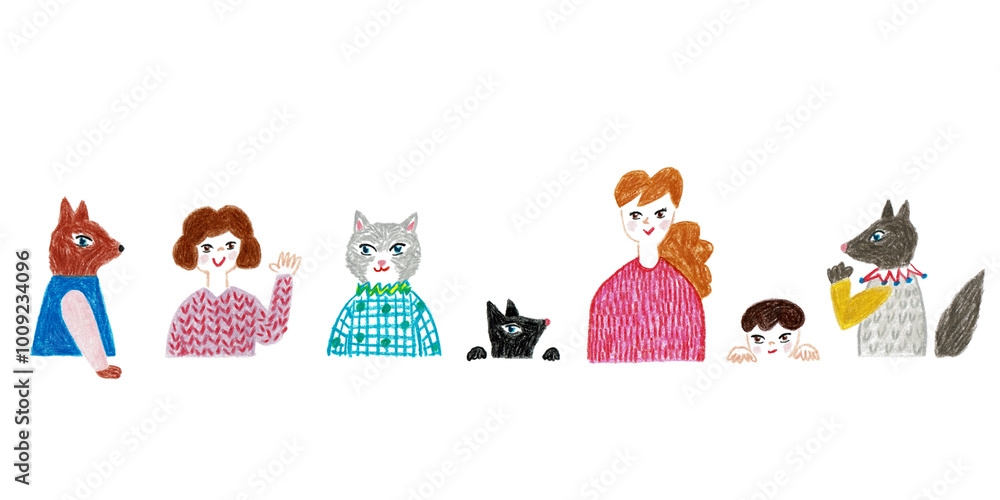 Obraz premium 手描きイラスト テーブルに座る大人と子供