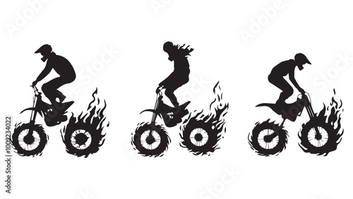 set of wheelie & bike, flame wheel silhouette, solid black clean vector, isolated white background
