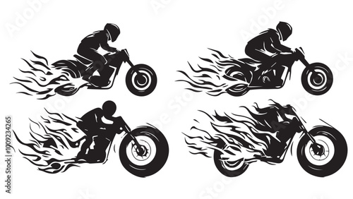 set of wheelie & bike, flame wheel silhouette, solid black clean vector, isolated white background
