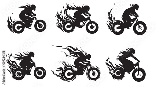 set of wheelie & bike, flame wheel silhouette, solid black clean vector, isolated white background
