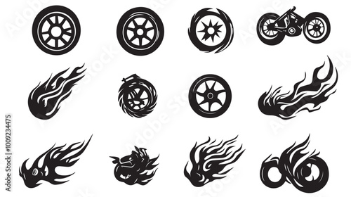 set of wheelie & bike, flame wheel silhouette, solid black clean vector, isolated white background
