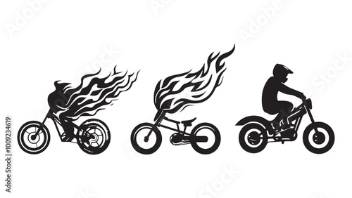 set of wheelie & bike, flame wheel silhouette, solid black clean vector, isolated white background
