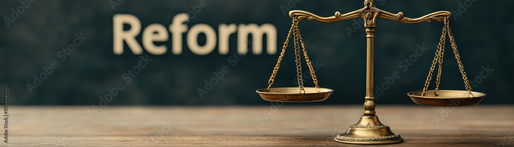 image features classic scale of justice symbolizing balance and fairness, with word Reform prominently displayed in background, evoking sense of legal change and advocacy image features classic scale of justice symbolizing balance and fairness, with word Reform prominently displayed in background, evoking sense of legal change and advocacy